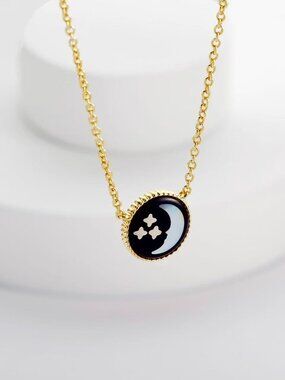 Dior Gold Tone Moon Star Black Enamel Pendant Necklace